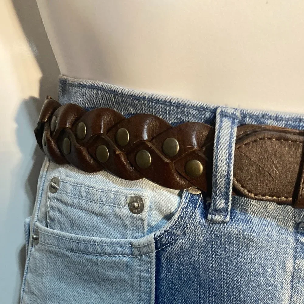 Brown Belt SZ S Braided leather with brass buckle & stud details